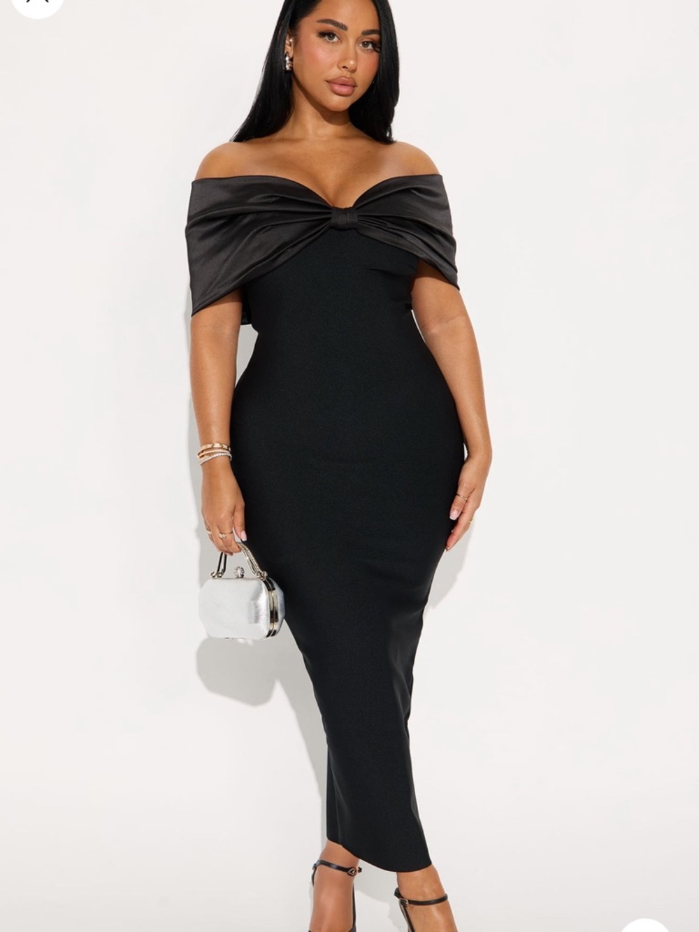 Fashion Nova Black Off-Shoulder Twist Midi Dress